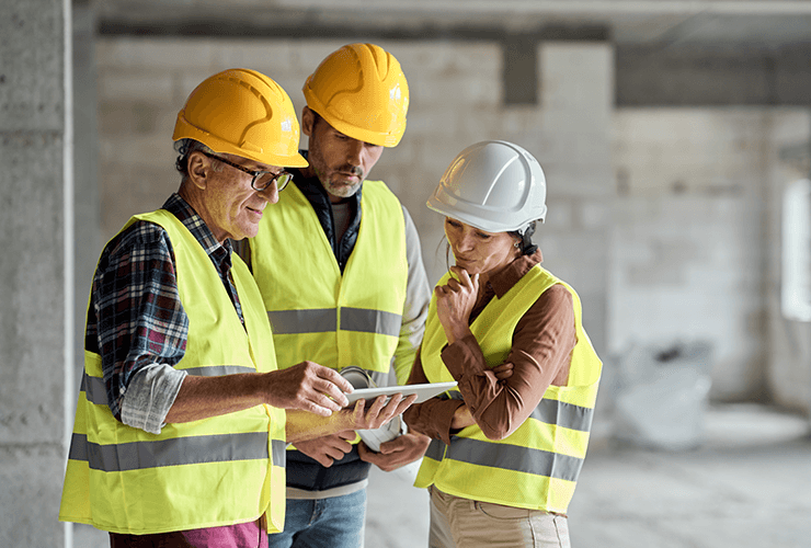 Image of three construction workers on tablet reviewing job information.