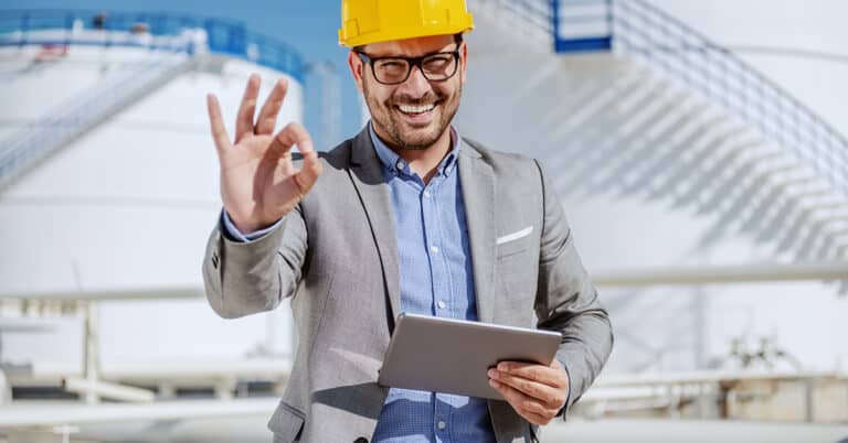 Construction manager on his tablet at his jobsite.