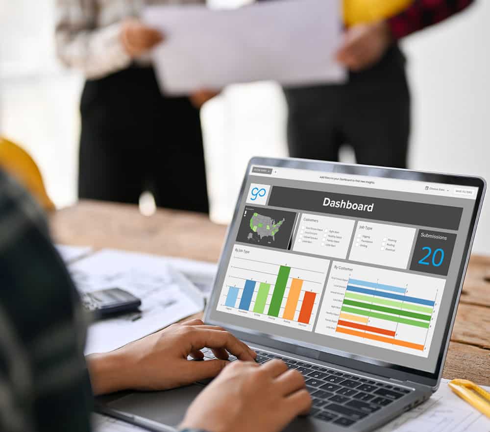 Image of GoCanvas Analytics dashboard for streamlined field service operational improvements on computer mockup.