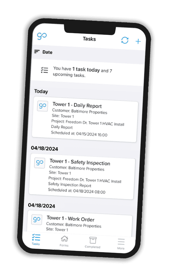 Image of GoCanvas digital forms for Manufacturing project management software on phone.