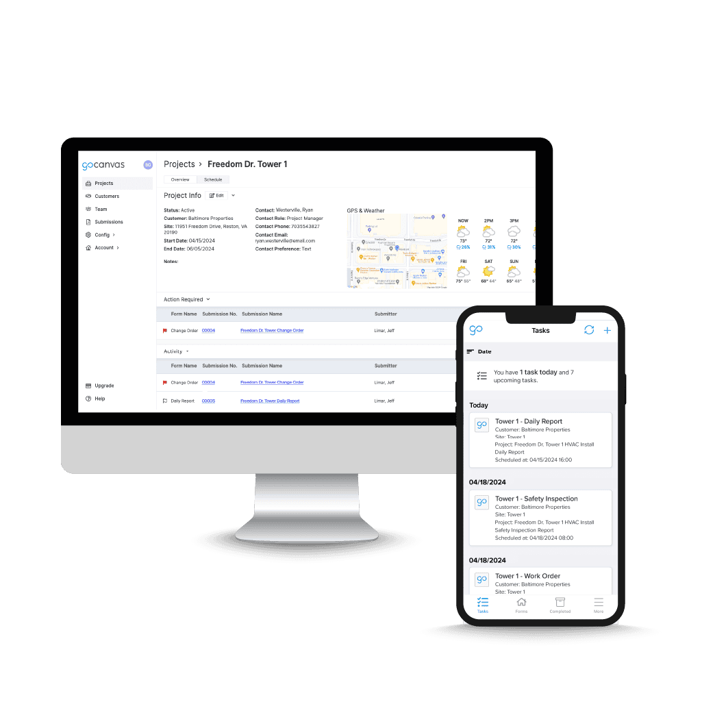 Image of GoCanvas Transportation workflow management tools on computer and phone mockup.