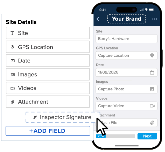 Mobile inspection app interface with form fields and signature capture.