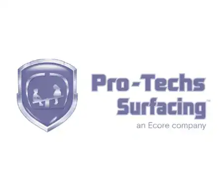 Pro-Techs Surfacing logo with shield and two workers icon.