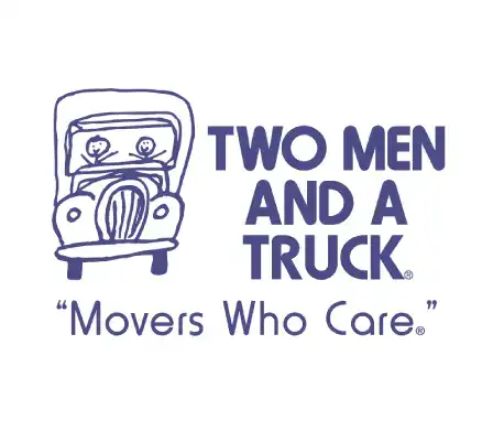 Two men in a truck logo with the slogan 'Movers Who Care' for moving services.