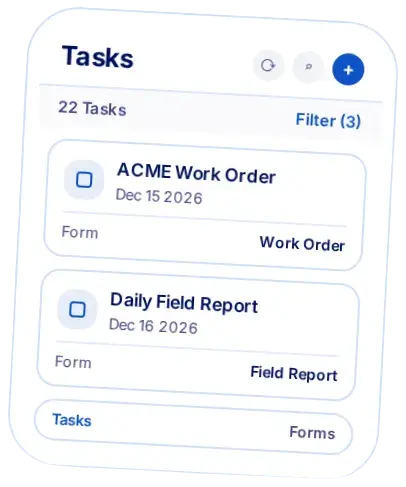 Mobile app screen showing task list with work order and field report forms.